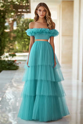 Schulterfreies Seeblau Gestuftes Abendkleid